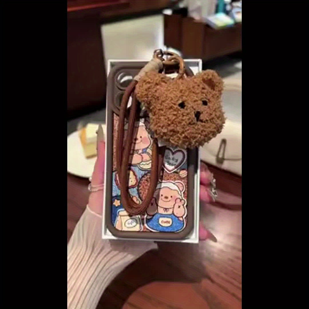 1pc Butter Bear Pattern Plush Lanyard Brown High Bamboo Mobile Phone Case, TPU Material Full Cover Anti-fall Lightweight Sandpaper Mobile Phone Protective Case, Suitable for iPhone 16/11/13/15/15 Plus/15 Pro/15 Pro Max/12/14